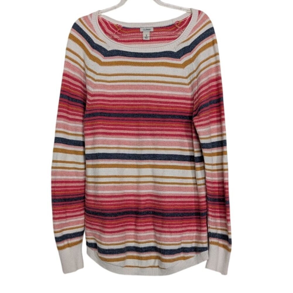 LL Bean Textured Knit Stripe Sweater Womens Size Medium Pink Sunset Long Sleeve